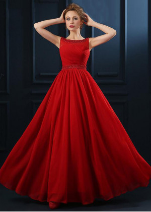 Beaded Red Ruched Chiffon Gorgeous Evening Dress